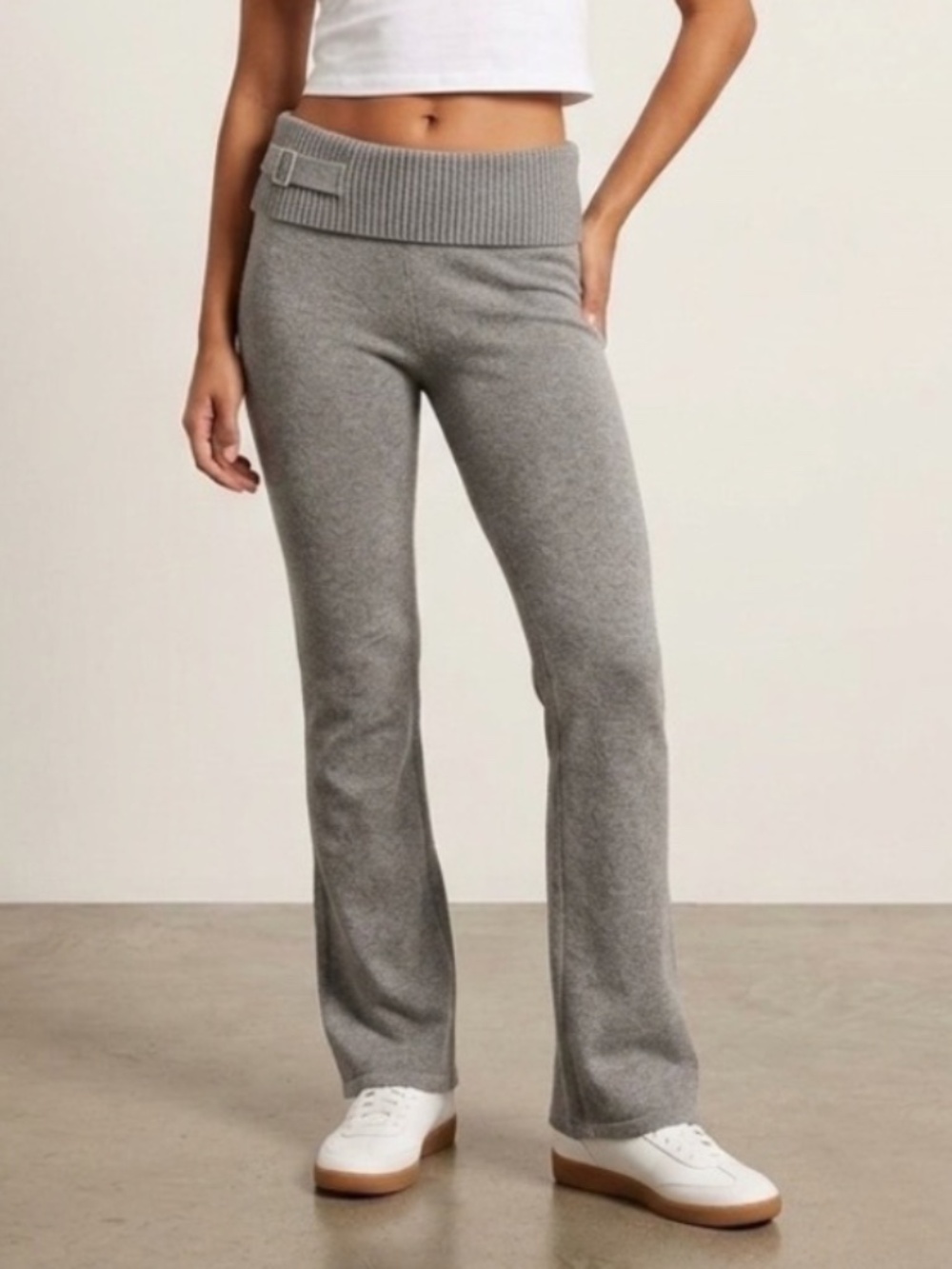 Frankie's Bikinis Taupe Knit Fold-Over Waist Flare Pants Small